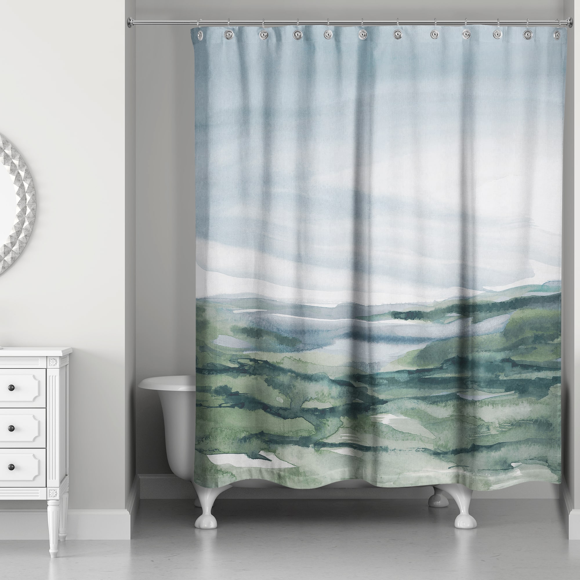 Navy and Green Abstracted Landscape 71" x 74" Shower Curtain